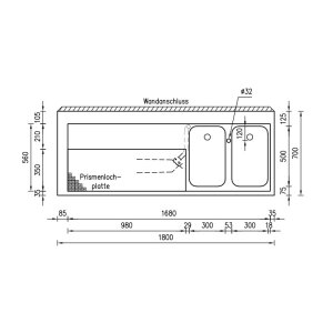 Hagola Schanktischabdeckung 1800 mm - 1 Becken rechts